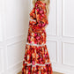 Orange Floral Print Lace Trim Patched V Neck Maxi Dress
