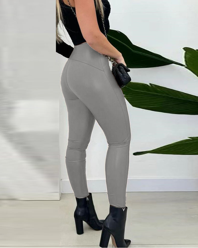 ChicMe CurveEase PU Leather Leggings High Waist Curved Fleece Lined Tights Casual Pants