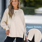 Round Neck Drop Shoulder Long Sleeve Zipper Side Slit Sweatshirt Casual High Low Hem Top