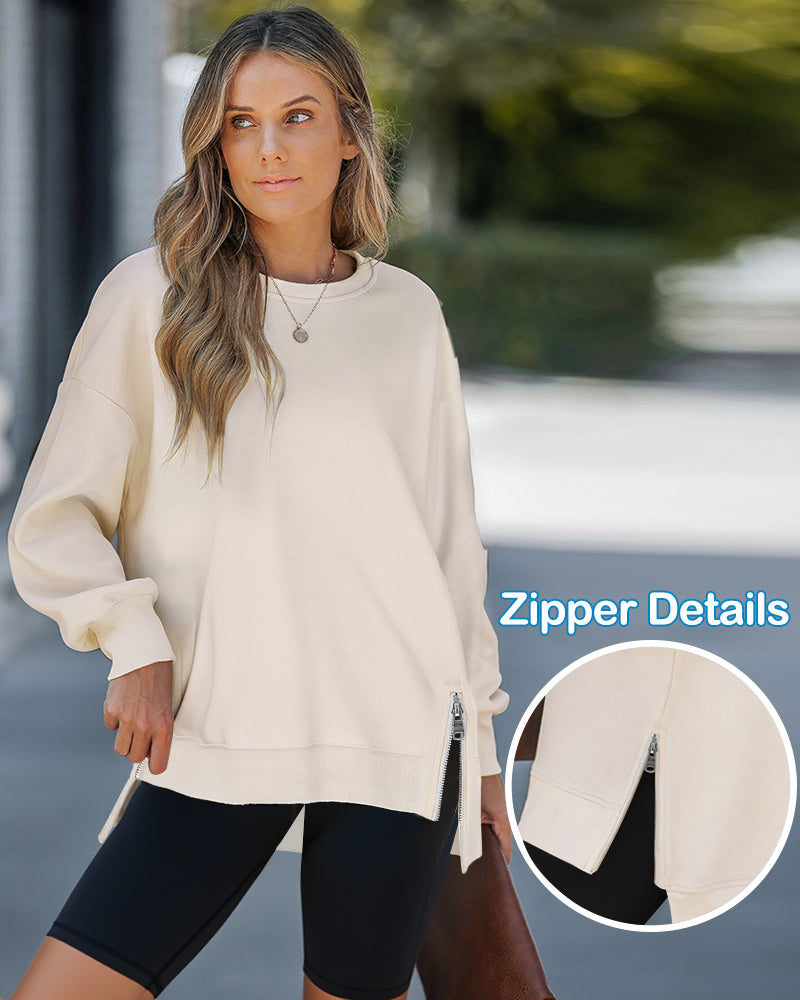 Round Neck Drop Shoulder Long Sleeve Zipper Side Slit Sweatshirt Casual High Low Hem Top