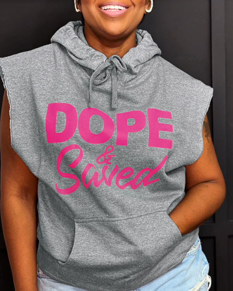 Letter Print Sleeveless Hooded Sweatshirt Casual Loose Fit Pullover Top