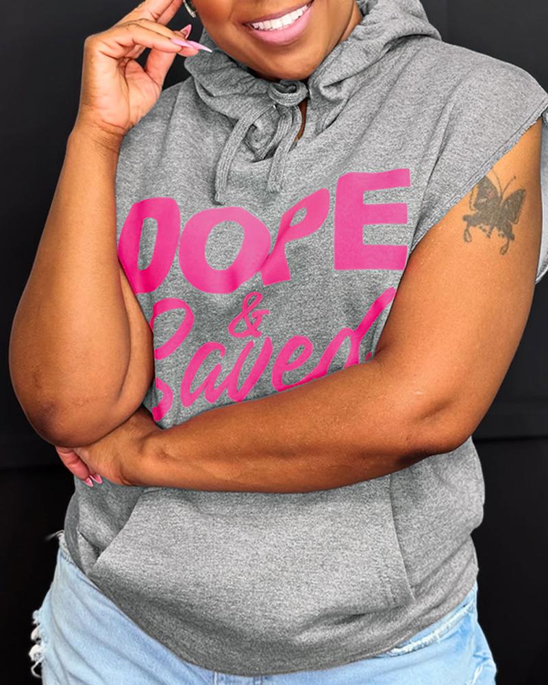 Letter Print Sleeveless Hooded Sweatshirt Casual Loose Fit Pullover Top