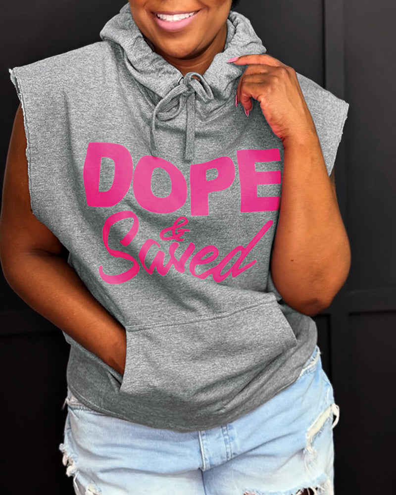 Letter Print Sleeveless Hooded Sweatshirt Casual Loose Fit Pullover Top