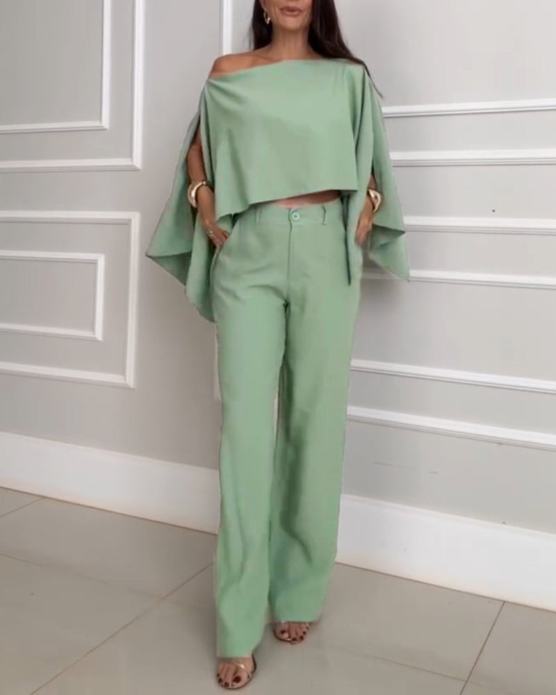 3 Pieces Outfit Cold Shoulder Slit Cloak Sleeve Asymmetrical Hem Convertible Top and Casual Zipper Fly Elastic Back Waist Pants Set With Bandeau