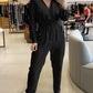 Lapel V neck Collar Shirred Drawstring Waist Jumpsuit