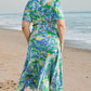 Green Leaves Print Short Sleeve Surplice Neck Ruffled Trim Plus Size Maxi Dress
