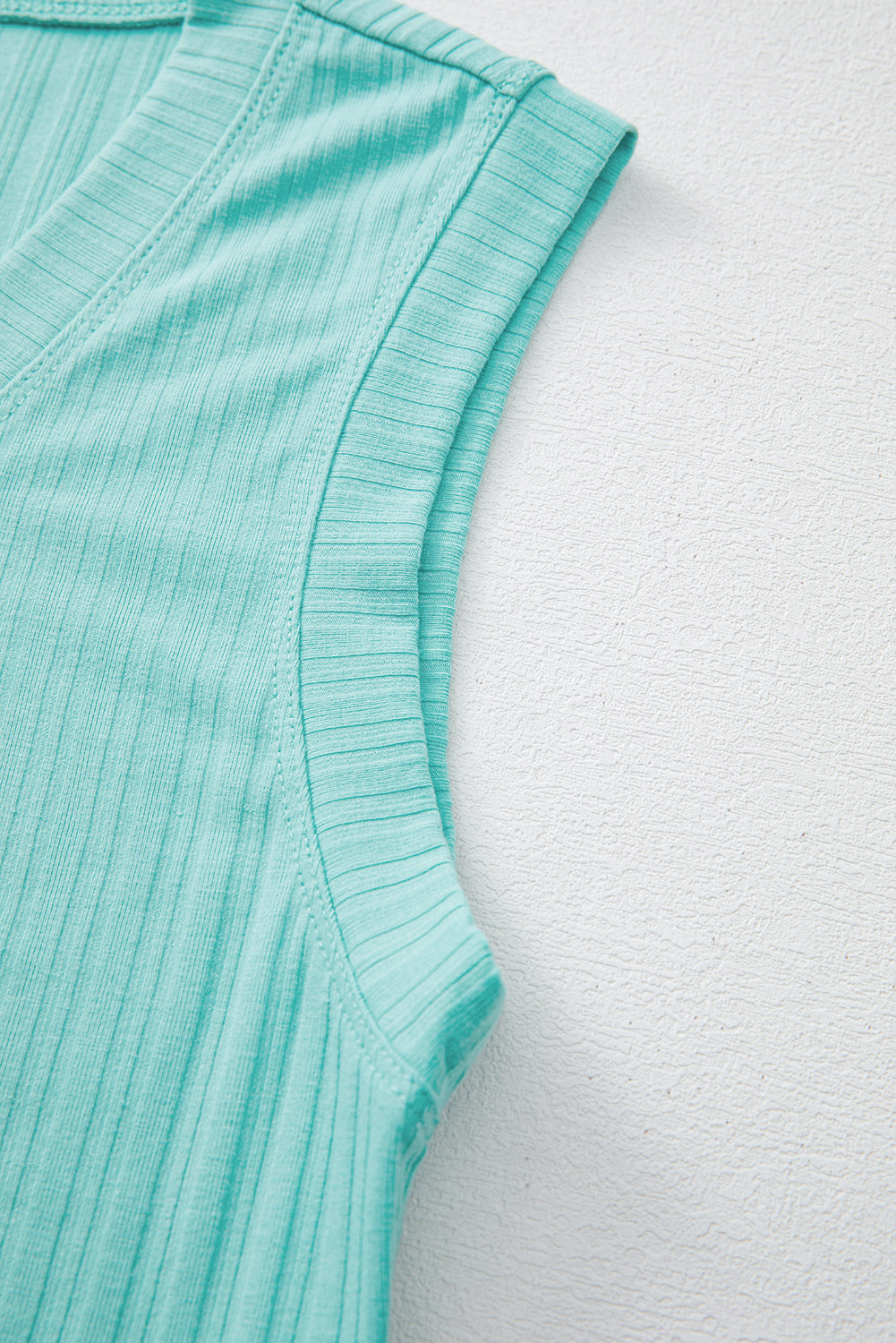 Mint Green Ribbed Button V Neck Tank Top and Shorts Set