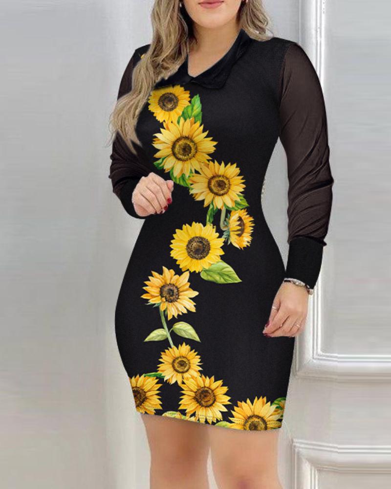 Sunflower Pattern See Through Sheer Mesh Long Sleeve Dress Sexy Turn down Collar Bodycon Mini Dress