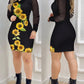 Sunflower Pattern See Through Sheer Mesh Long Sleeve Dress Sexy Turn down Collar Bodycon Mini Dress