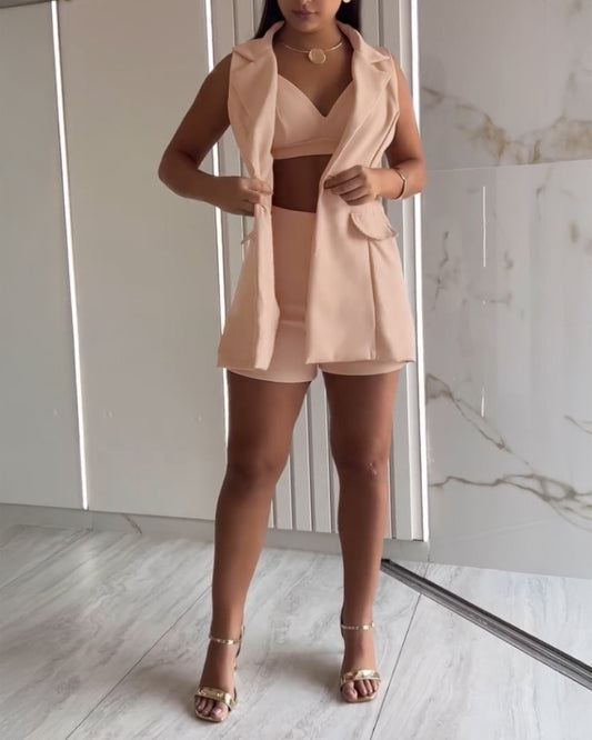 2 Pieces Outfit Bandeau Design Tank Top and Notched Collar Sleeveless Romper