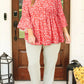 Red Plus Size Floral V Neck Flared Bracelet Sleeve Blouse