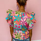 Multicolor Vibrant Floral Print Trimmed Ruffle Sleeve Blouse