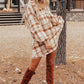 Brown Plaid Print Side Pockets Frilled Babydoll Mini Dress