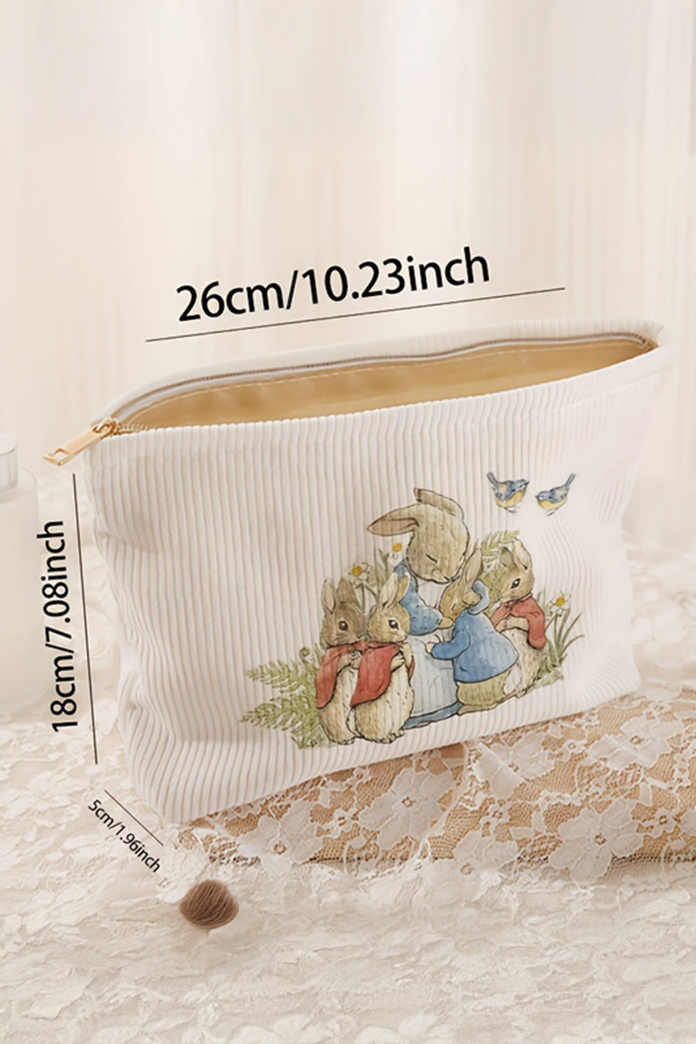 White Easter Rabbits Print Textured Zipper Cosmetic Bag