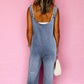 Stone Blue Washed Denim Half Buttons Patched Pocket Wide Leg Overalls