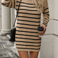 Khaki Stripe Long Sleeve High Neck Sweater Dress