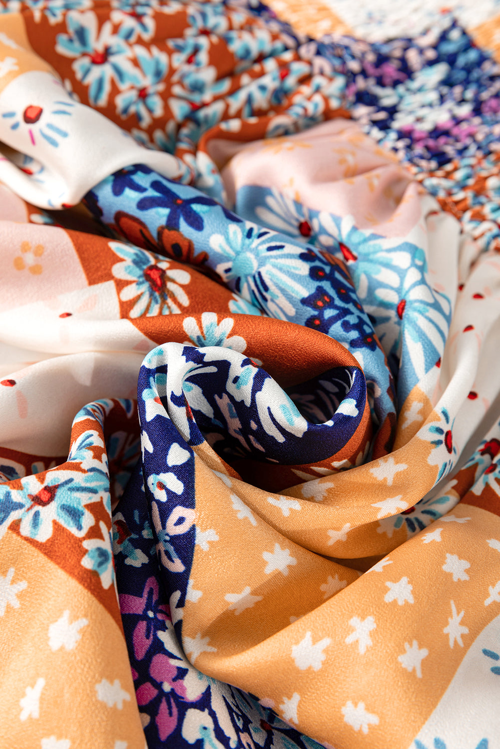 Orange Floral Patchwork Printed Frilled Bandeau Smocked High Waist Long Dress