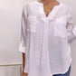 V Neck Roll Up Sleeve Back Button Blouse Casual Top with Pocket