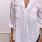 V Neck Roll Up Sleeve Back Button Blouse Casual Top with Pocket