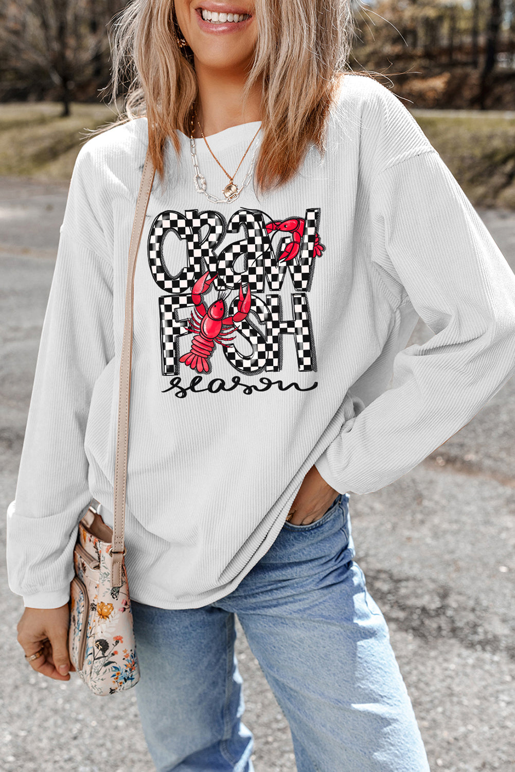 White Crawfish Season Checkered Letter Graphic Corded Sweatshirt