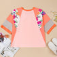 Orange Plus Size Floral Print Patchwork Raglan Half Sleeve Top