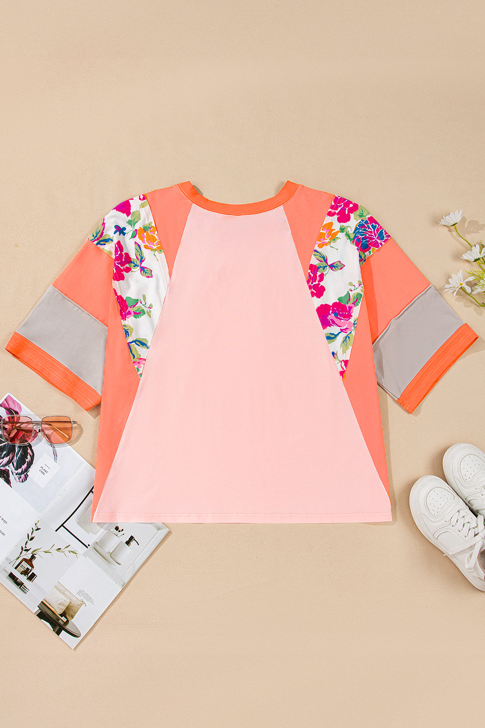 Orange Plus Size Floral Print Patchwork Raglan Half Sleeve Top
