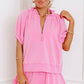 Pink Half Zip Puff Sleeve Top and Ruffled Shorts Set