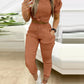 2 Piece Round Neck Short Sleeve Top Drawstring Shirred Pants with Pocket Casual Pants Set