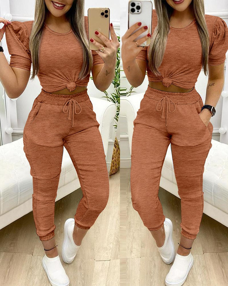 2 Piece Round Neck Short Sleeve Top Drawstring Shirred Pants with Pocket Casual Pants Set