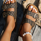Coffee Geometric Print Cut Out Buckle PU Leather Flat Slippers