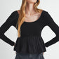 Black Ribbed Knit Long Sleeve Scoop Neck Peplum Patchwork Top
