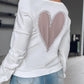 Heart Pattern Sheer Mesh Round Neck Long Sleeve Beaded Sheer Mesh Tee Casual Top