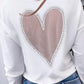 Heart Pattern Sheer Mesh Round Neck Long Sleeve Beaded Sheer Mesh Tee Casual Top