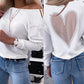 Heart Pattern Sheer Mesh Round Neck Long Sleeve Beaded Sheer Mesh Tee Casual Top