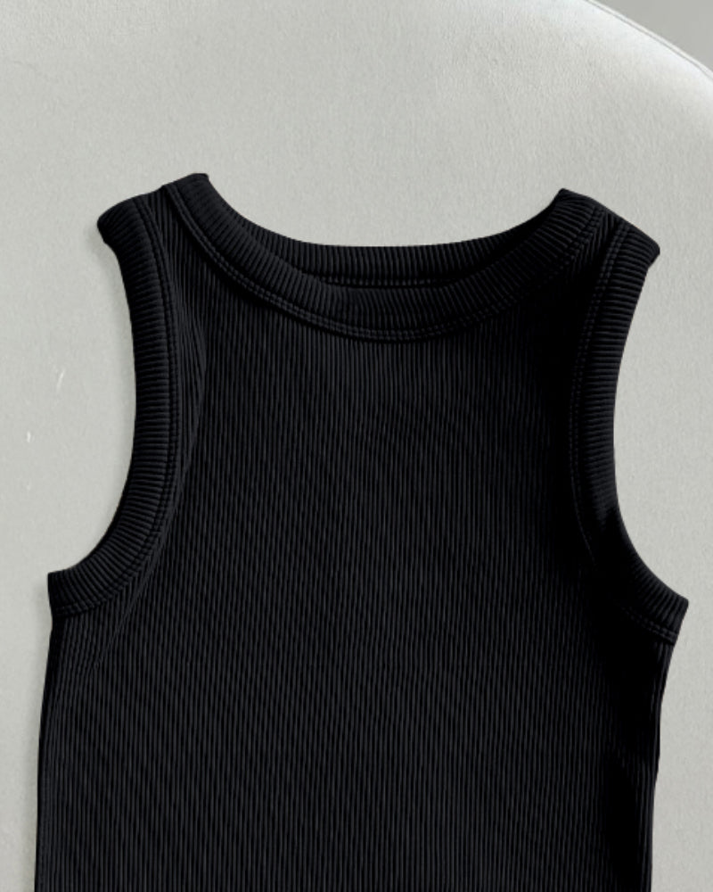 Round Neck Sleeveless Ribbed Bodysuit Casual Slim Fit Tank Top