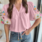 Pink Floral Embroidered Puff Sleeve Split Neck Blouse