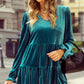 Sea Green Velvet V Neck Peplum Hem Puff Sleeve Blouse