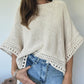 Solid Three Quarters Batwing Sleeve Hollow out Pattern Edges Casual Knit Top