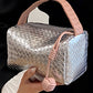 Silvery Lattice Texture Corded Ball Decor Weaven Handle Cosmetic Bag