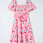 Pink Brush Stroke Printed Smocked Ruffle Tiered Dress