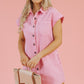 Pink Short Sleeve Double Chest Pocket Denim Shirt Dress