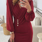 Ruched V Neck Lantern Sleeve Bodycon Mini Dress Casual Button Decor Waist Dress