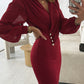Ruched V Neck Lantern Sleeve Bodycon Mini Dress Casual Button Decor Waist Dress