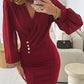 Ruched V Neck Lantern Sleeve Bodycon Mini Dress Casual Button Decor Waist Dress
