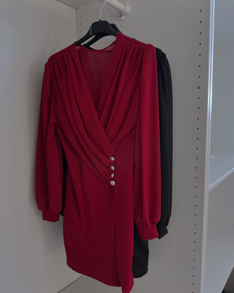 Ruched V Neck Lantern Sleeve Bodycon Mini Dress Casual Button Decor Waist Dress