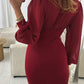 Ruched V Neck Lantern Sleeve Bodycon Mini Dress Casual Button Decor Waist Dress