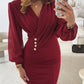 Ruched V Neck Lantern Sleeve Bodycon Mini Dress Casual Button Decor Waist Dress