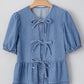 Dusk Blue Tied Front Bubble Sleeve Peplum Denim Shirt