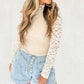 Beige Floral Lace Patchwork Long Sleeve High Neck Slim Top
