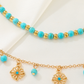 Gold Turquoise Beaded Flower Charm Layered Adjustable Anklet